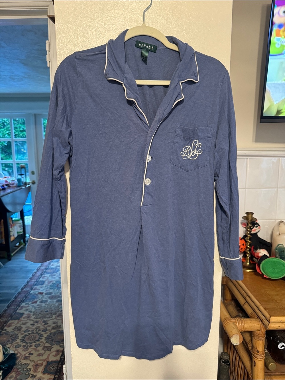 Lauren Ralph Lauren Blue Long-Sleeve Nightshirt with White Piping size Large